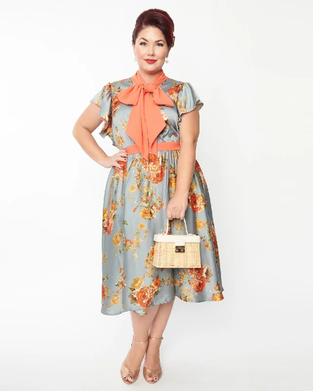 Unique Vintage Antique Blue & Orange Floral Satin Swing Dress | Blue, Orange, Floral