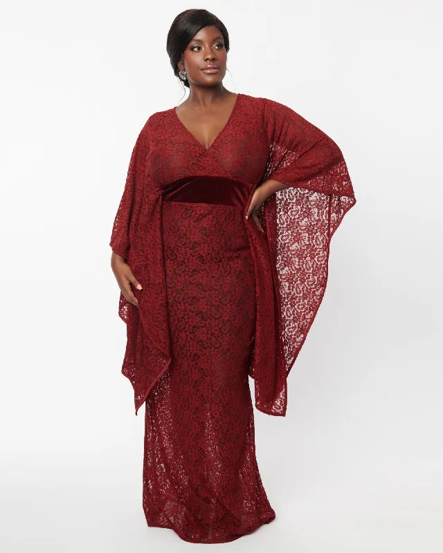 Unique Vintage Burgundy Floral Lace Desmond Caftan Dress | Red, Floral