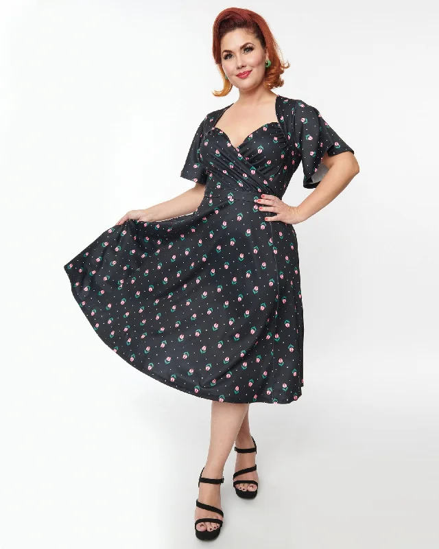 Unique Vintage Curve 1950s Black Tulip Pin Dot Swing Dress | Black, Floral, Polka Dot