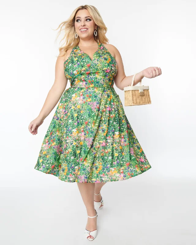 Unique Vintage Floral Meadow Halter Swing Dress | Green, Floral