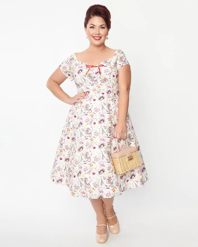 Unique Vintage Paris Cafe Print Swing Dress | White, Floral