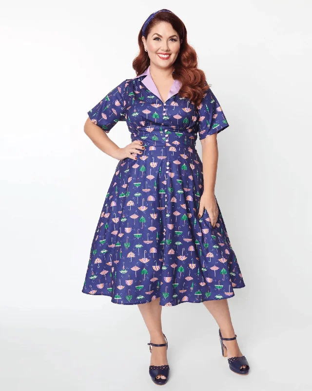 Unique Vintage Purple Umbrella Print Swing Dress | Purple