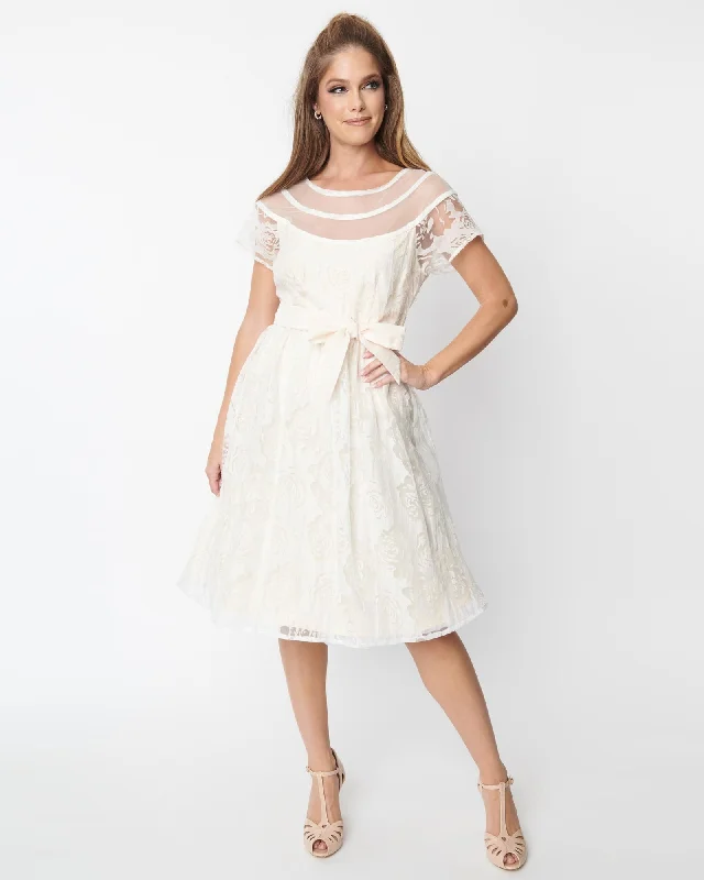 Unique Vintage White Burnout Rose Flare Dress | White, Floral