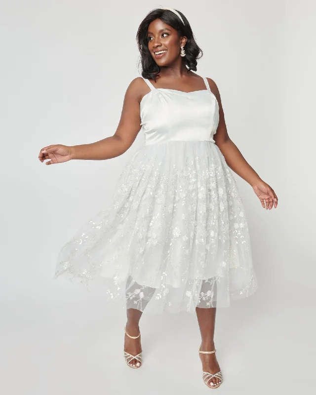 Unique Vintage White Tulle & Floral Beading Bertie Swing Dress | White