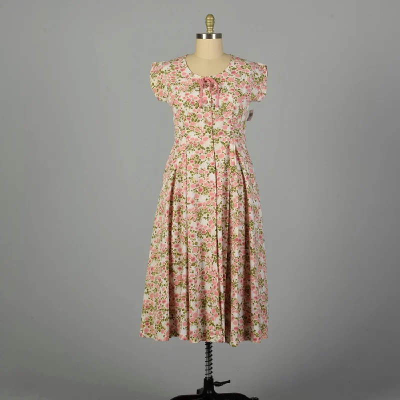 XL 1950s Day Dress Floral Cotton Pink Shirtwaist Lightweight Fit and Flare