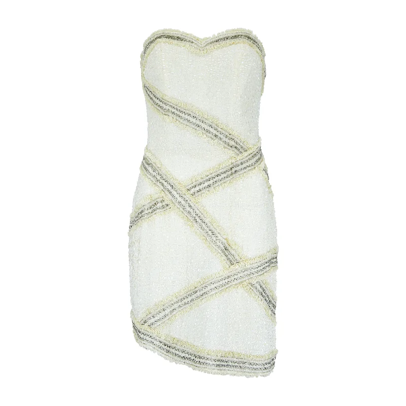 1990s Fabrice Cream Beaded and Lace Strapless Dress