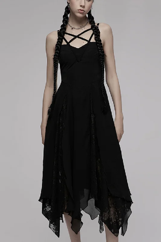 Black Double-Layer Chiffon Lace Irregular Hem Design Sling Decoration Sleeveless Women's Gothic Dress