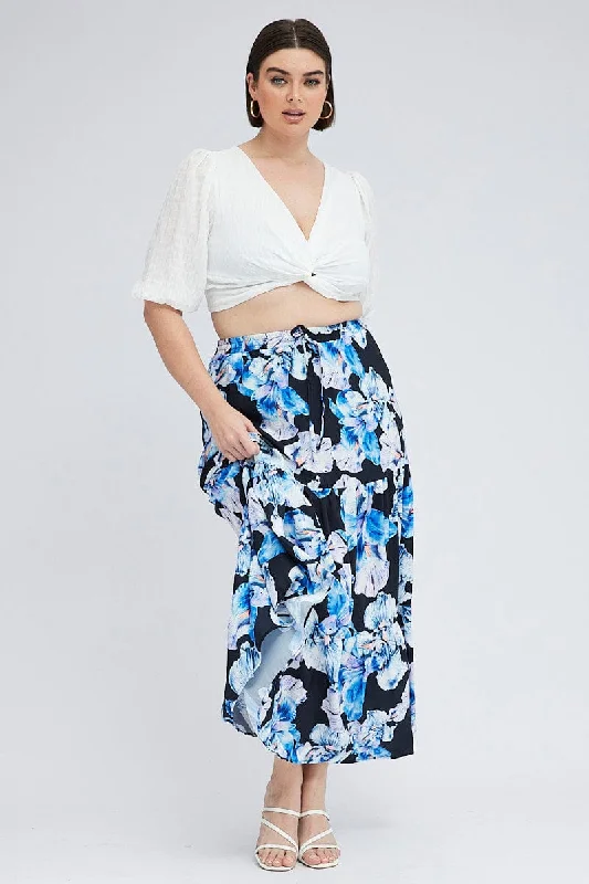 Black Floral Elastic Waist Maxi Skirt