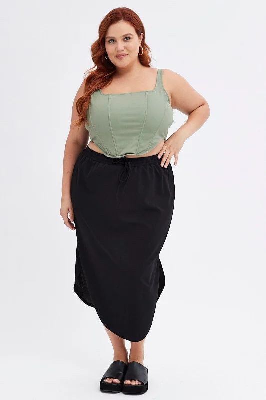 Black Maxi Skirt Elastic Waist Curve Hem