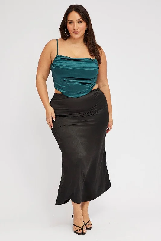 Black Satin Split Maxi Skirt