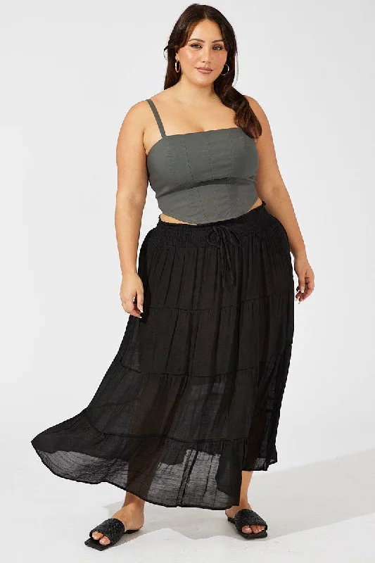 Black Shirred Waist Tie Maxi Skirt