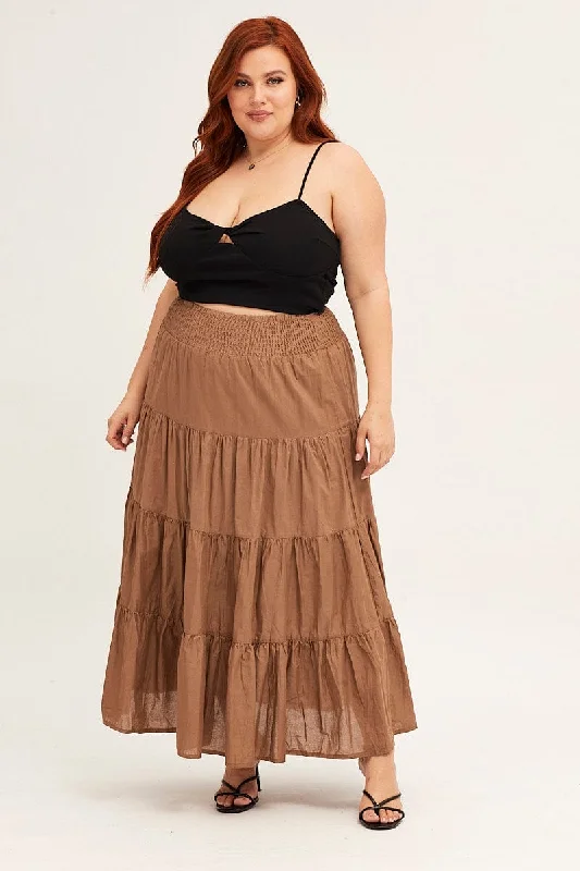 Brown Maxi Skirt Cotton Blend Tie