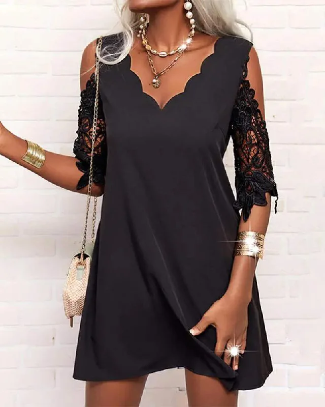 COLD SHOULDER LACE PATCH CASUAL DRESS