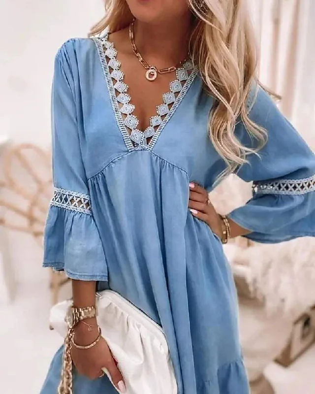 CONTRAST LACE BELL SLEEVE CASUAL DRESS