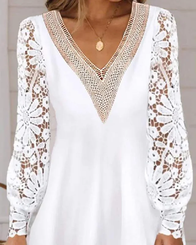 CONTRAST LACE LANTERN SLEEVE CASUAL DRESS