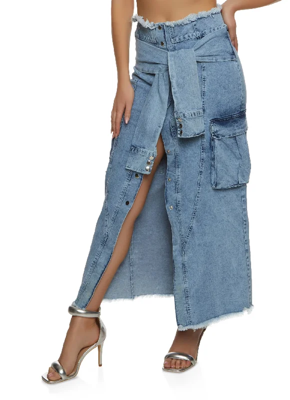 Tie Waist Frayed Hem Denim Maxi Skirt