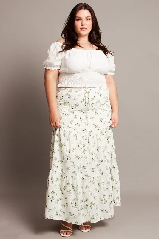 Green Ditsy Elastic Waist Maxi Skirt