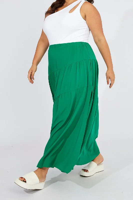 Green Elastic Waist Maxi Skirt Front Split