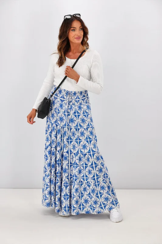 New U Collection Blue White Sun Print Maxi Skirt