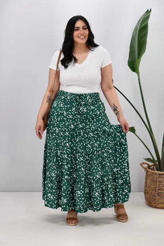 New U Collection Green White Print Maxi Skirt