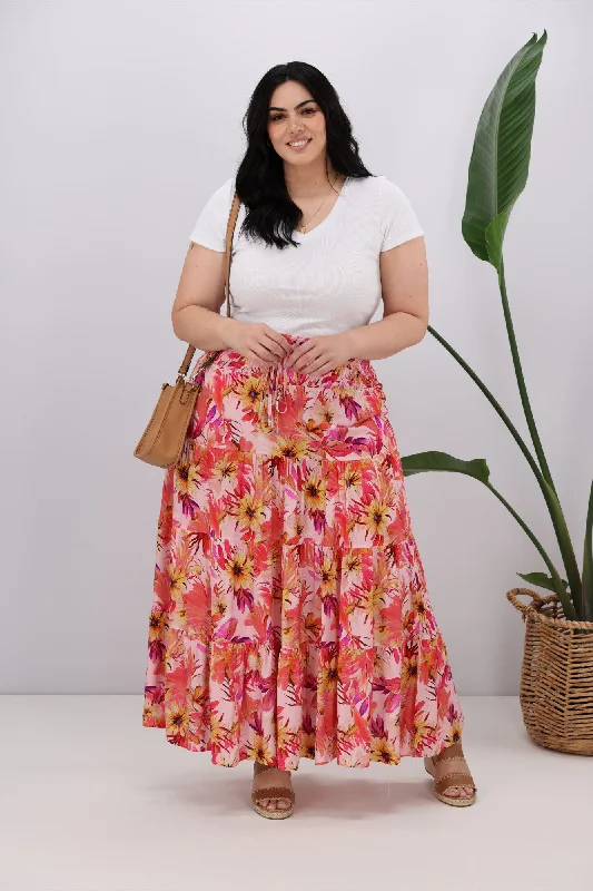 New U Collection Pink Garden Floral Maxi Skirt