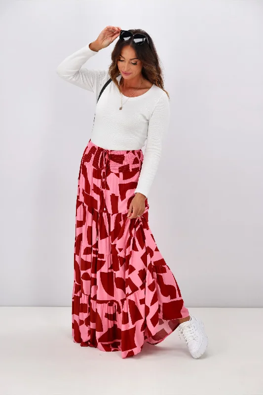 New U Collection Pink Geo Print Maxi Skirt