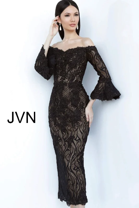 Off The Shoulder Tea Length Lace Evening Dress By Jovani -JVN2241