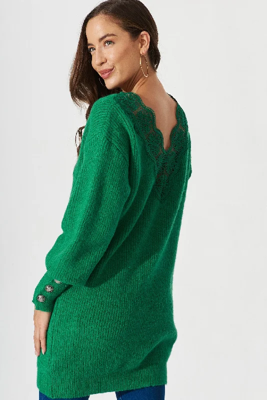 Riseley Knit Dress In Green Wool Blend With Lace Trim