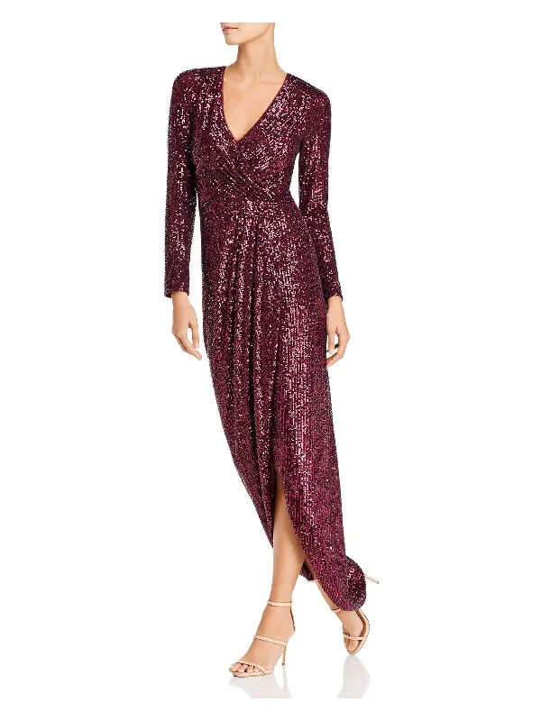 AQUA DRESSES Womens Sequined Long Sleeve Surplice Neckline Full-Length Evening Faux Wrap Dress