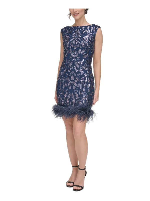 ELIZA J Womens Navy Sequined Zippered Feathered Trim Lined V-back Sleeveless Boat Neck Short Cocktail Body Con Dress