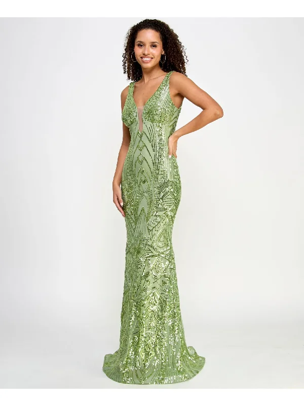 MORGAN & CO Womens Green Sequined Lined Zippered Illusion Neckline Sleeveless V Neck Full-Length Formal Gown Dress