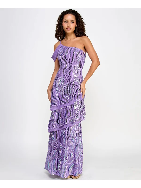 MORGAN & CO Womens Purple Sequined Zippered Lined Tiered Single Strap With S Sleeveless Asymmetrical Neckline Full-Length Formal Gown Dress