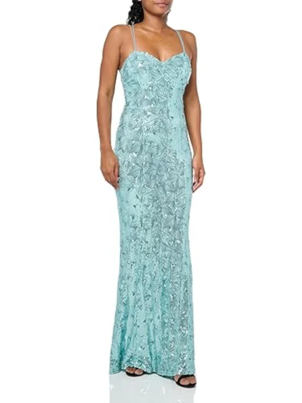 SPEECHLESS Womens Teal Zippered Sequined Strappy Padded Spaghetti Strap Sweetheart Neckline Full-Length Formal Gown Dress