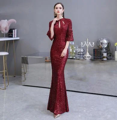 Women's Polyester O-Neck Long Sleeve Sequined Party Wear Dress