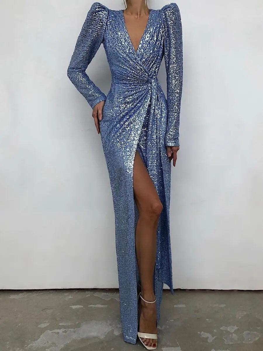 Women's Polyester V-Neck Long Sleeves Sequined Pattern Dress