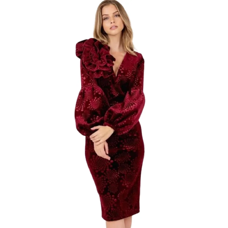 Flower Patch Flocked Velvet Fitted Midi Dress With Puff Sleeves