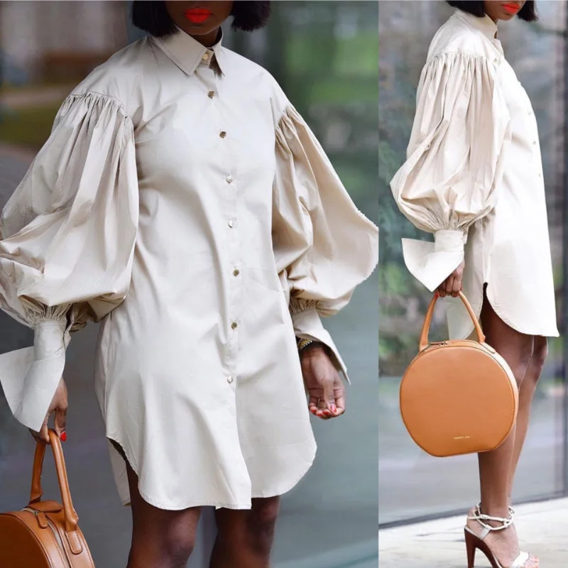 Bubble Sleeve Solid Color Casual Shirt Dress