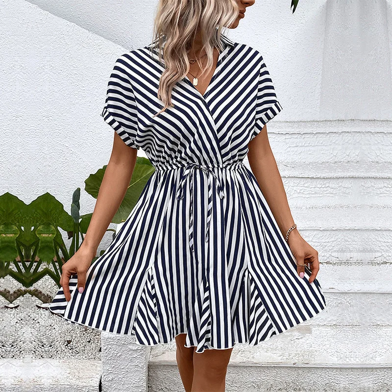 New Fashion Collared Striped Shirt Dress