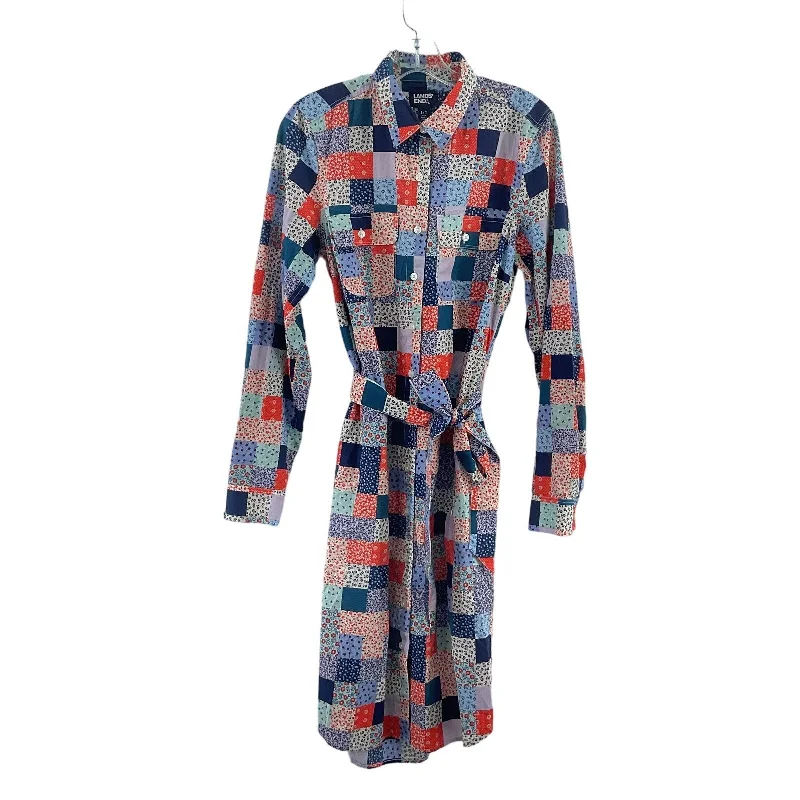 Lands' End Blue Patchwork Print Belted Cotton Shirt Dress Knee Length Women’s S