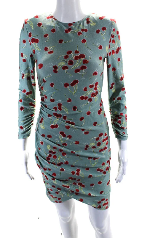 Adriana Degreas Womens Cherry Print Long Sleeved Bodycon Dress Blue Red