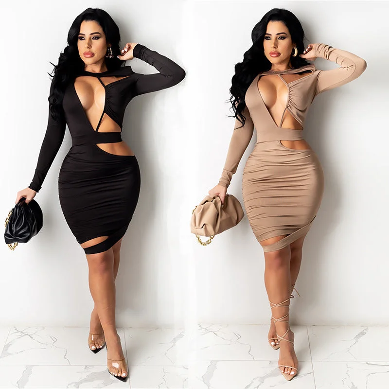 Cut Out Pleated Long Sleeve Tight Dress