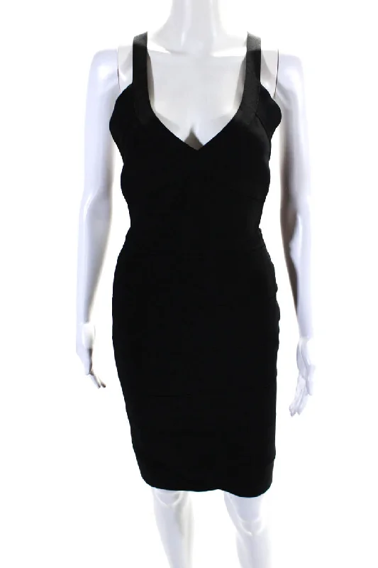 Herve Leger Womens V-Neck Zip Up Strappy Bandage Bodycon Dress Black