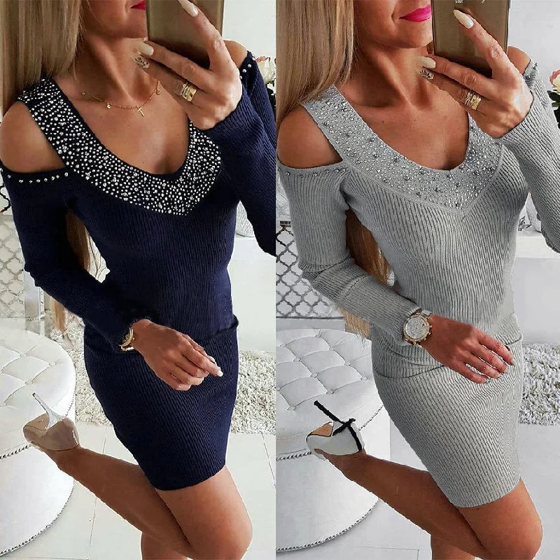 V-neck Off Shoulder Waist Hot Drill Sweater Bodycon Dress