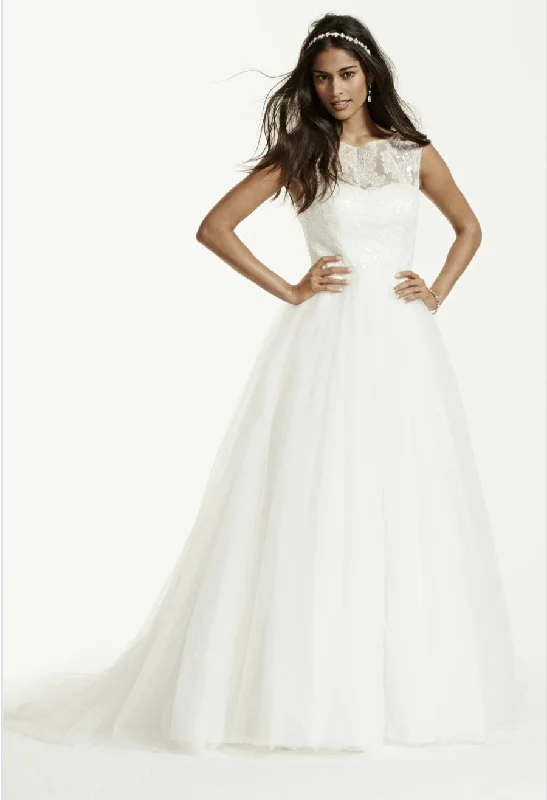 David's Bridal Cap Sleeve Tulle Ball Gown w/ Illusion Neckline