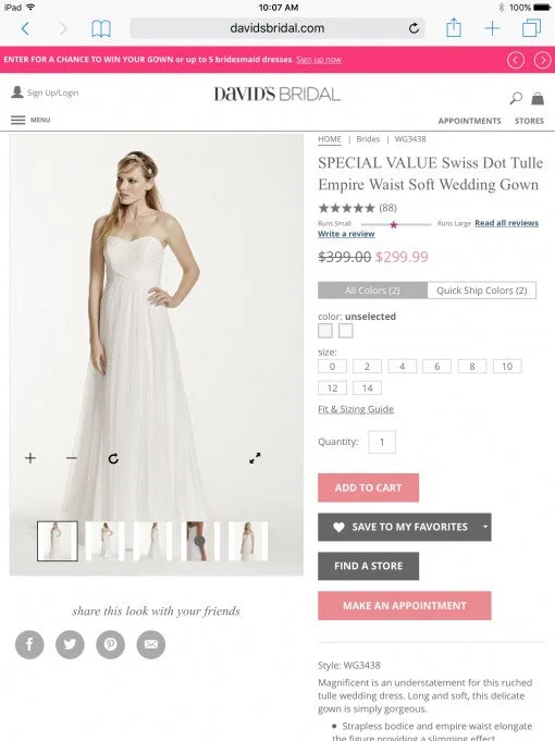 David's Bridal David's Bridal Swiss Dot Tulle Empire Waist Soft W