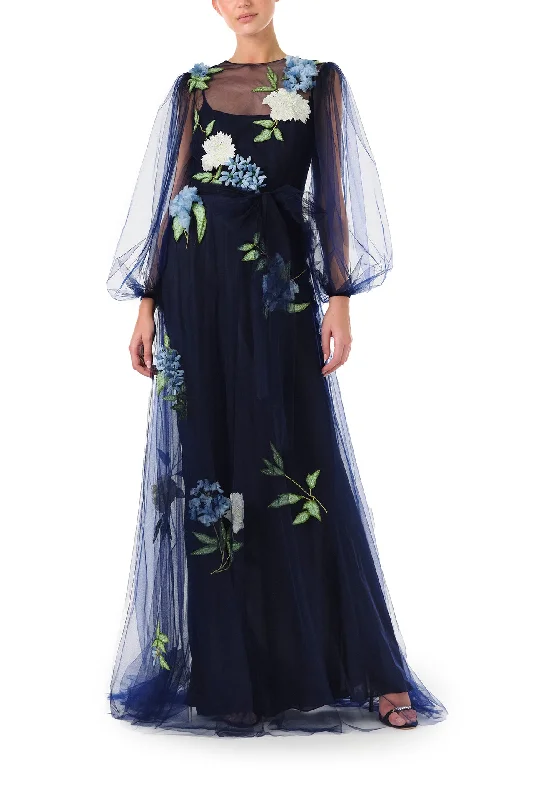 Puffed Sleeve Embroidered Tulle Gown