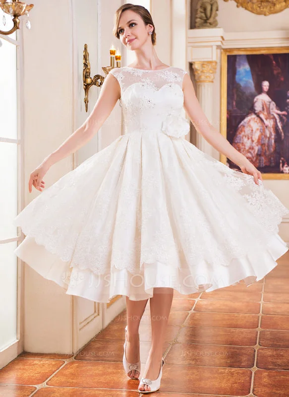 Other A-Line/Princess Scoop Neck Tea-Length Satin Tulle