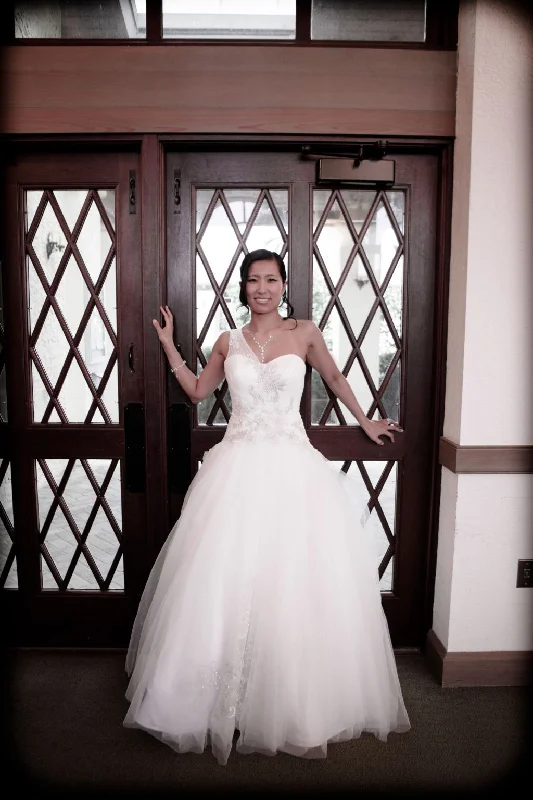 David's Bridal One Shoulder Tulle Ball Gown with Lace Appliques